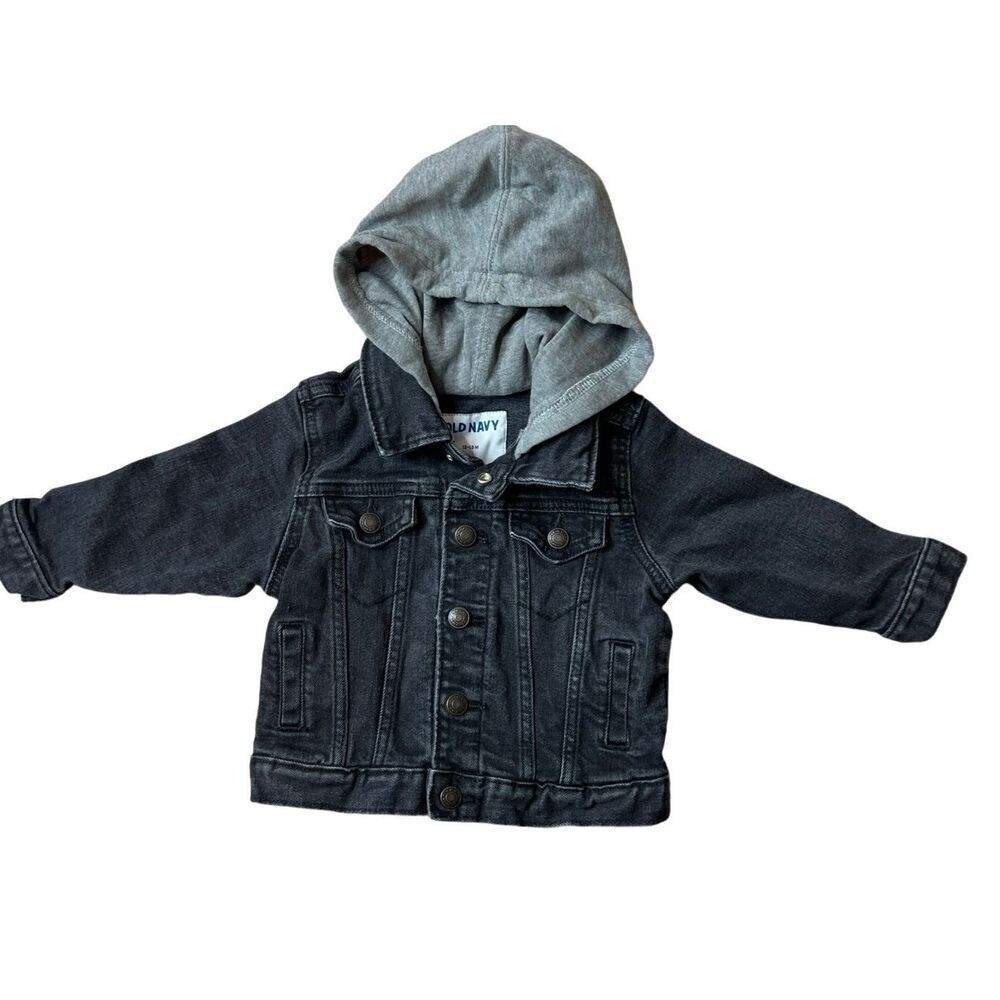 Old Navy Boys Black Hooded Trucker Jean Jacket Toddler 12-18 months Biker Casual